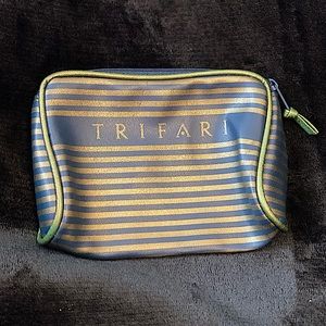 TRIFARI Costume Jewelry Bag Blue/Gold Striped ARK Zipper Vintage Antique Brooch